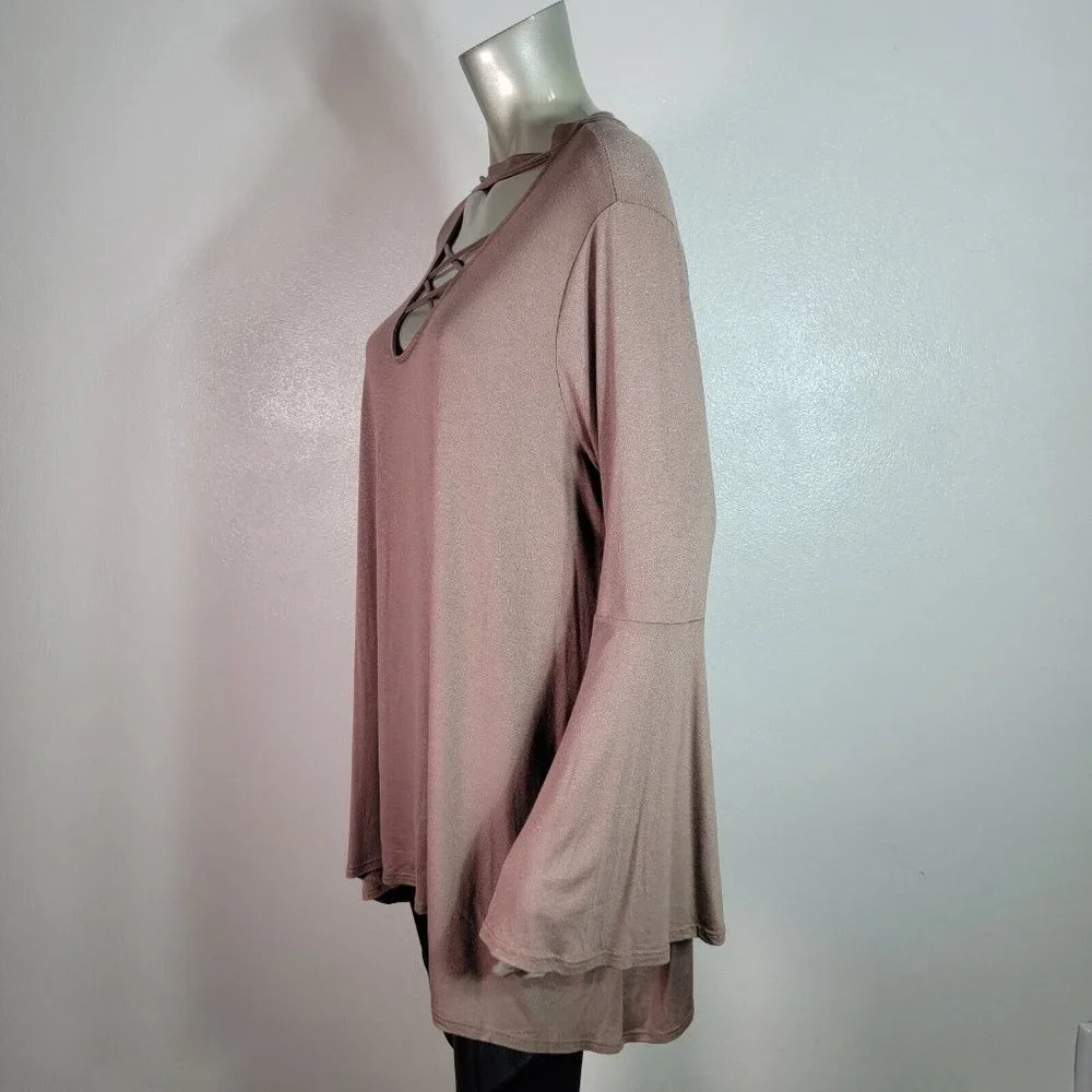 Rae Mode‎ Top Plus Size 3X Caged V-Neck Bell Sleeve A-Line Stretch Casual Brown
